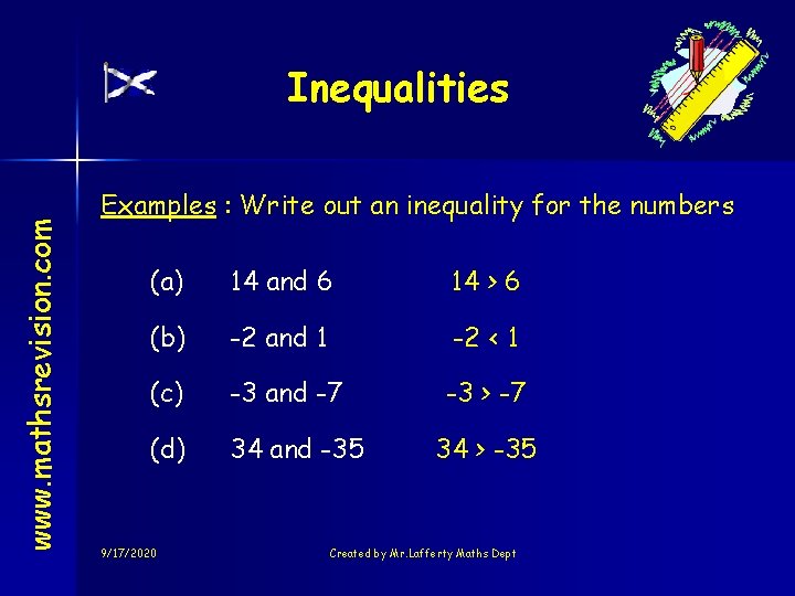 www. mathsrevision. com Inequalities Examples : Write out an inequality for the numbers (a)