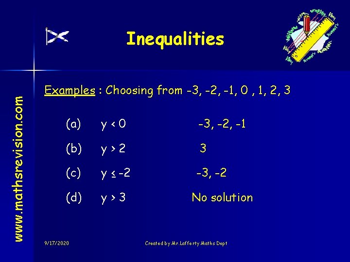 www. mathsrevision. com Inequalities Examples : Choosing from -3, -2, -1, 0 , 1,