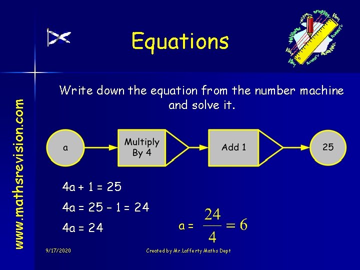 www. mathsrevision. com Equations Write down the equation from the number machine and solve