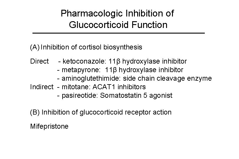 Pharmacologic Inhibition of Glucocorticoid Function (A) Inhibition of cortisol biosynthesis Direct - ketoconazole: 11β