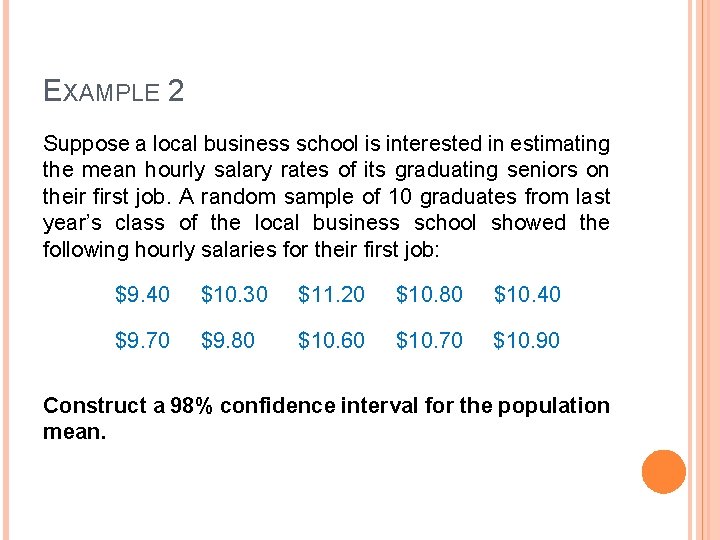 EXAMPLE 2 Suppose a local business school is interested in estimating the mean hourly EXAMPLE 2 Suppose a local business school is interested in estimating the mean hourly