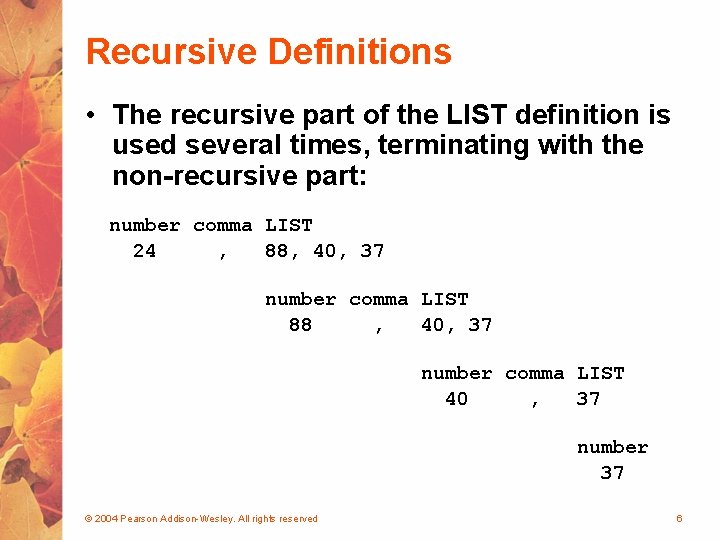 Recursive Definitions • The recursive part of the LIST definition is used several times,