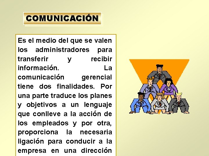 COMUNICACIÓN Es el medio del que se valen los administradores para transferir y recibir