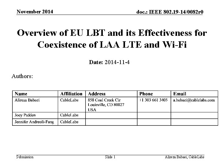 November 2014 doc. : IEEE 802. 19 -14/0082 r 0 Overview of EU LBT