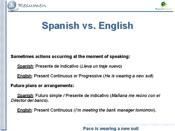 Spanish vs. English Sometimes actions occurring at the moment of speaking: Spanish Presente de