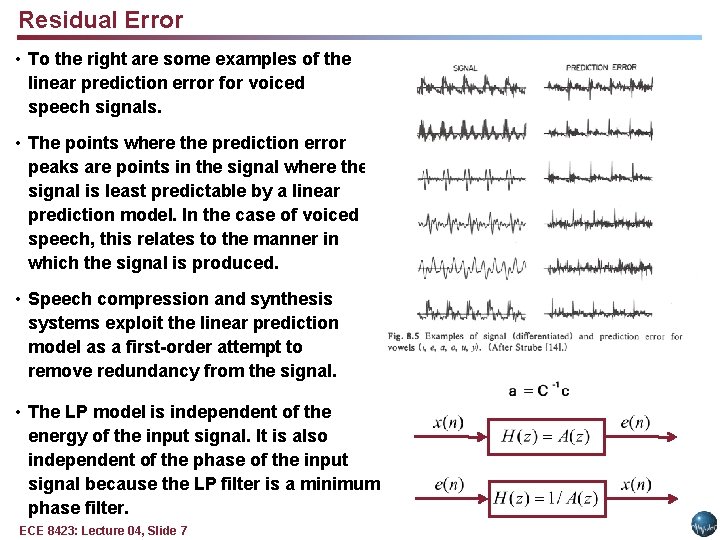 Residual Error • To the right are some examples of the linear prediction error