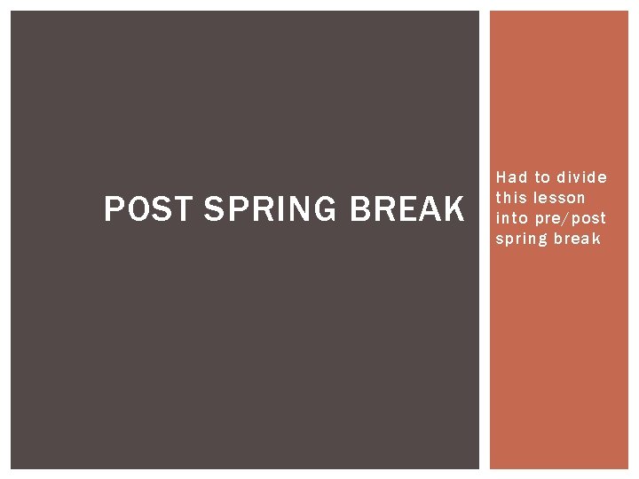 POST SPRING BREAK Had to divide this lesson into pre/post spring break 