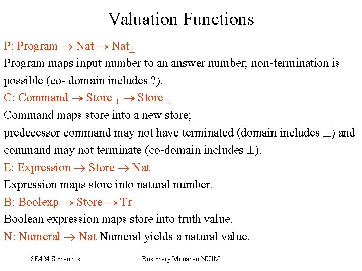 Valuation Functions P: Program Nat Program maps input number to an answer number; non