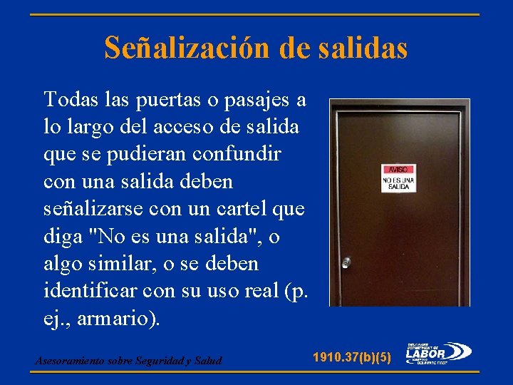 Señalización de salidas Todas las puertas o pasajes a lo largo del acceso de