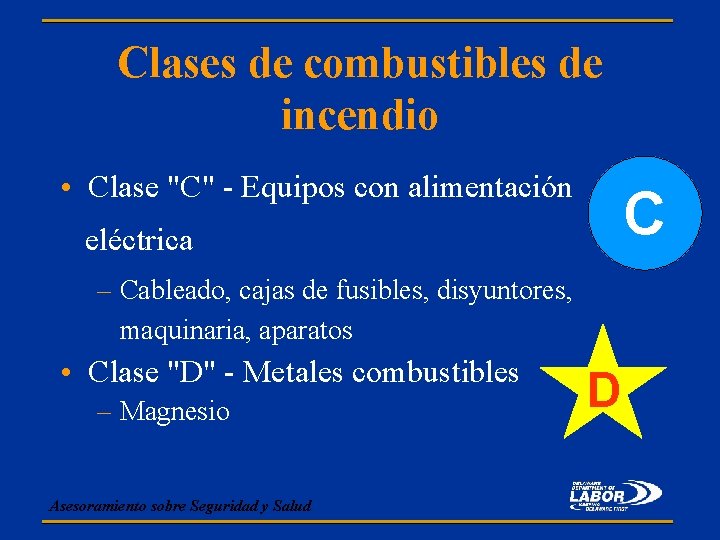 Clases de combustibles de incendio • Clase "C" - Equipos con alimentación C eléctrica