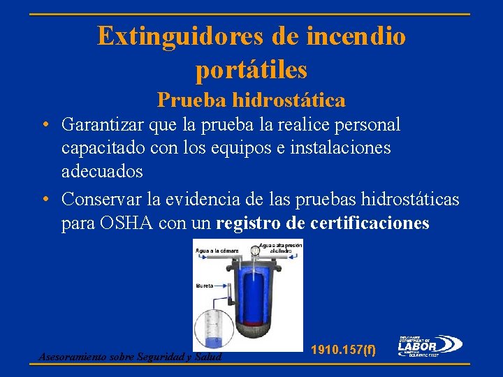 Extinguidores de incendio portátiles Prueba hidrostática • Garantizar que la prueba la realice personal