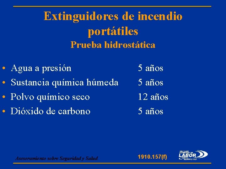 Extinguidores de incendio portátiles Prueba hidrostática • • Agua a presión Sustancia química húmeda