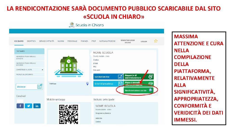 LA RENDICONTAZIONE SARÀ DOCUMENTO PUBBLICO SCARICABILE DAL SITO «SCUOLA IN CHIARO» MASSIMA ATTENZIONE E