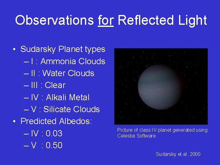 Observations for Reflected Light • Sudarsky Planet types – I : Ammonia Clouds –