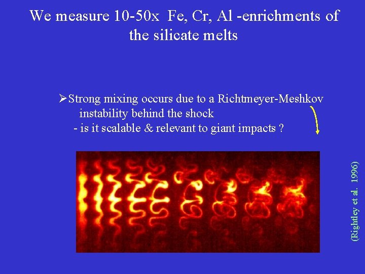 We measure 10 -50 x Fe, Cr, Al -enrichments of the silicate melts (Rightley