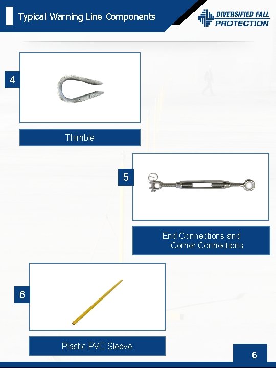 Typical Warning Line Components 4 Thimble 5 End Connections and Corner Connections 6 Plastic