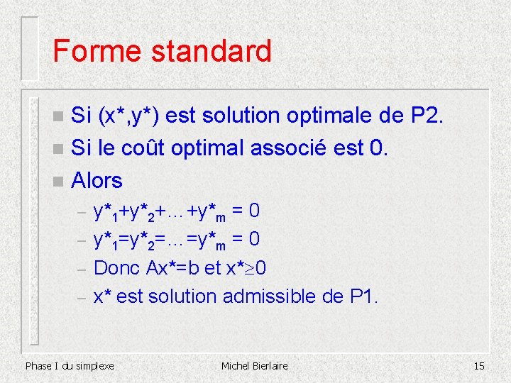 Forme standard Si (x*, y*) est solution optimale de P 2. n Si le