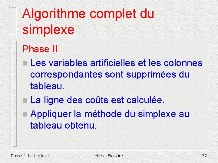 Algorithme complet du simplexe Phase II n Les variables artificielles et les colonnes correspondantes