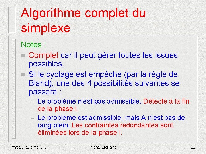 Algorithme complet du simplexe Notes : n Complet car il peut gérer toutes les