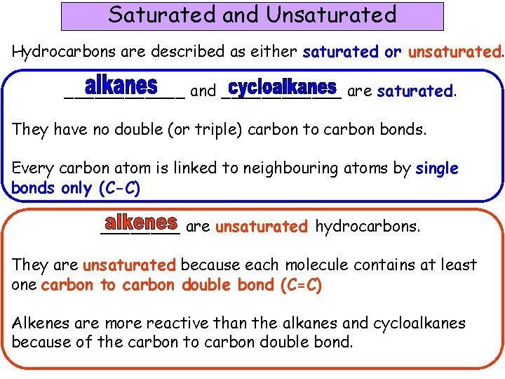 Saturated and Unsaturated Hydrocarbons are described as either saturated or unsaturated. ______ and ______ Saturated and Unsaturated Hydrocarbons are described as either saturated or unsaturated. ______ and ______