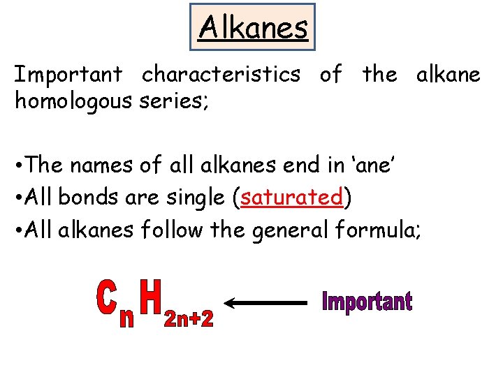Alkanes Important characteristics of the alkane homologous series; • The names of all alkanes Alkanes Important characteristics of the alkane homologous series; • The names of all alkanes