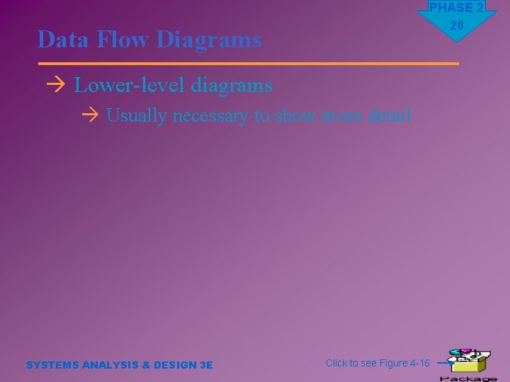 PHASE 2 20 Data Flow Diagrams à Lower-level diagrams à Usually necessary to show