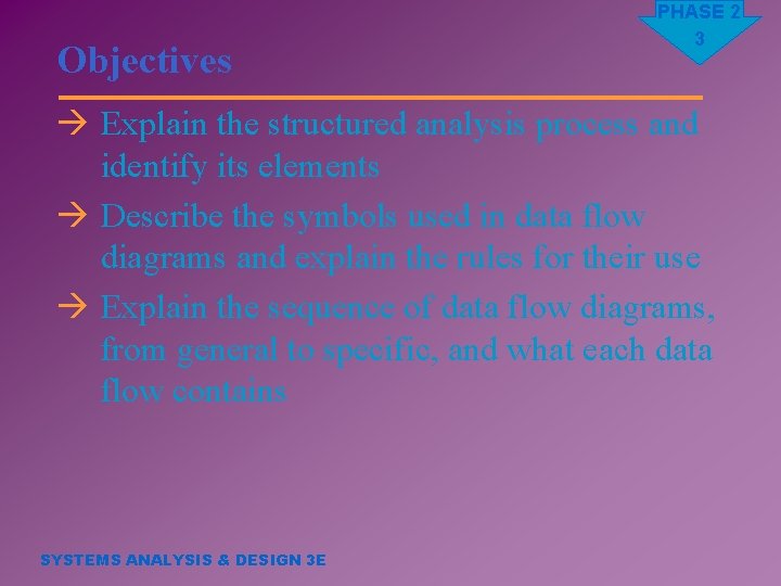 Objectives PHASE 2 3 à Explain the structured analysis process and identify its elements