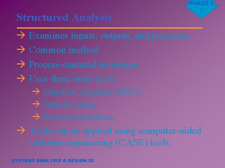 Structured Analysis PHASE 2 7 à Examines inputs, outputs, and processes à Common method