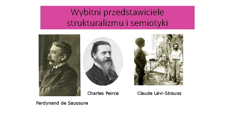 Wybitni przedstawiciele strukturalizmu i semiotyki Charles Peirce Ferdynand de Saussure Claude Lévi-Strauss 