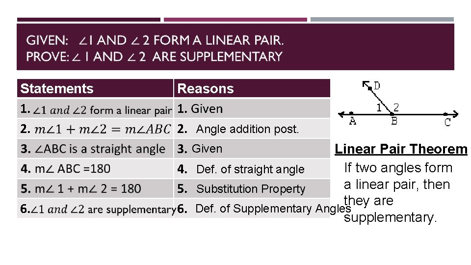  Statements 1. 2. 6. Reasons 1. Given 2. Angle addition post. 3. Given