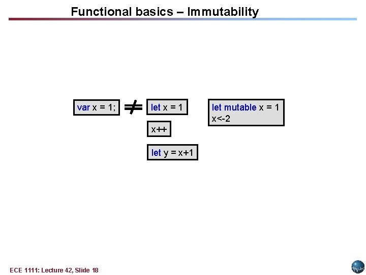 Functional basics – Immutability var x = 1; let x = 1 x++ let Functional basics – Immutability var x = 1; let x = 1 x++ let