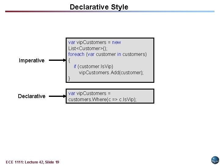 Declarative Style Imperative var vip. Customers = new List<Customer>(); foreach (var customer in customers) Declarative Style Imperative var vip. Customers = new List<Customer>(); foreach (var customer in customers)