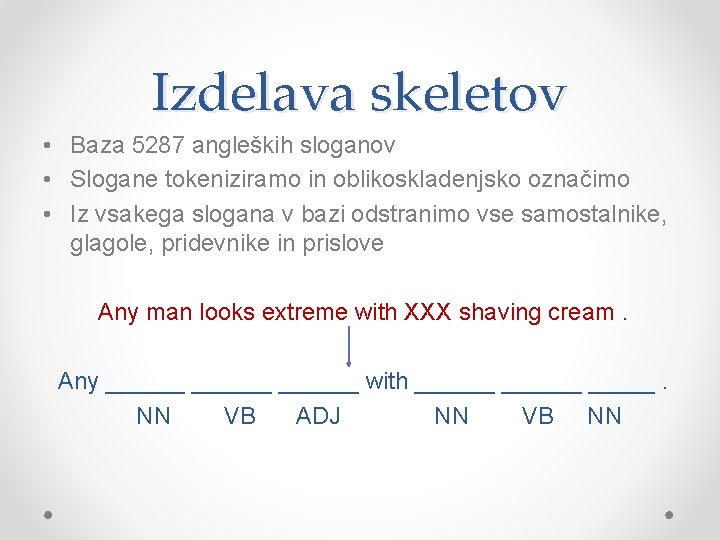 Izdelava skeletov • Baza 5287 angleških sloganov • Slogane tokeniziramo in oblikoskladenjsko označimo •