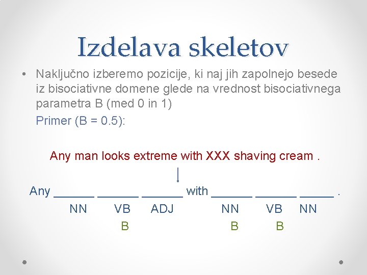 Izdelava skeletov • Naključno izberemo pozicije, ki naj jih zapolnejo besede iz bisociativne domene