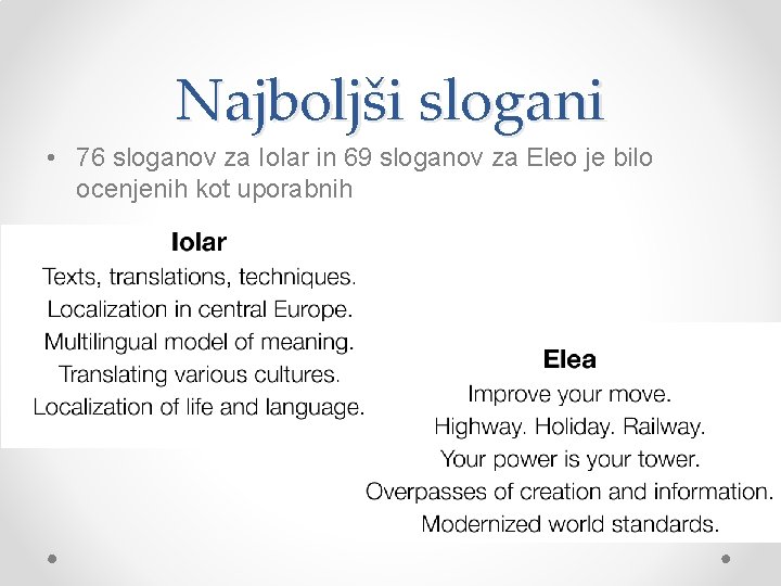 Najboljši slogani • 76 sloganov za Iolar in 69 sloganov za Eleo je bilo