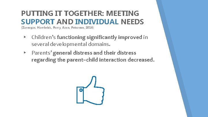 PUTTING IT TOGETHER: MEETING SUPPORT AND INDIVIDUAL NEEDS (Zarnegar, Hambrick, Perry, Azen, Peterson, 2016) PUTTING IT TOGETHER: MEETING SUPPORT AND INDIVIDUAL NEEDS (Zarnegar, Hambrick, Perry, Azen, Peterson, 2016)