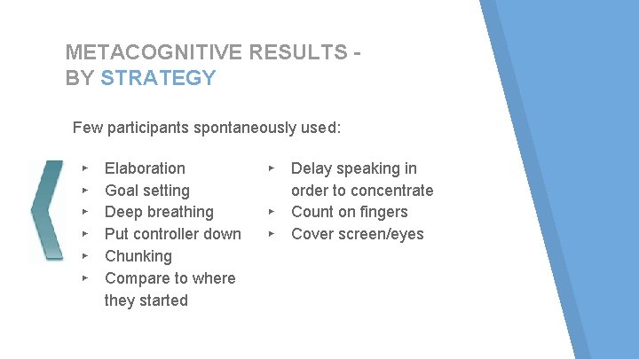 METACOGNITIVE RESULTS BY STRATEGY Few participants spontaneously used: ▸ ▸ ▸ Elaboration Goal setting METACOGNITIVE RESULTS BY STRATEGY Few participants spontaneously used: ▸ ▸ ▸ Elaboration Goal setting