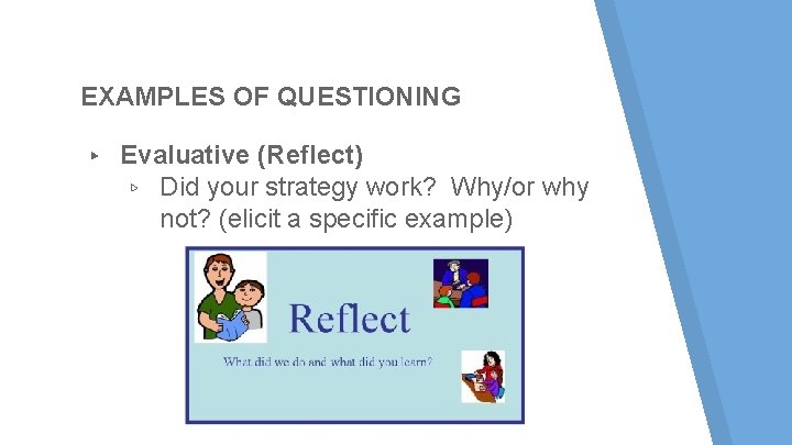 EXAMPLES OF QUESTIONING ▸ Evaluative (Reflect) ▹ Did your strategy work? Why/or why not? EXAMPLES OF QUESTIONING ▸ Evaluative (Reflect) ▹ Did your strategy work? Why/or why not?