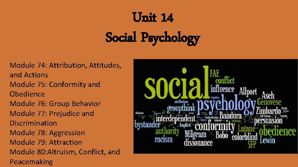 Unit 14 Social Psychology Module 74: Attribution, Attitudes, and Actions Module 75: Conformity and