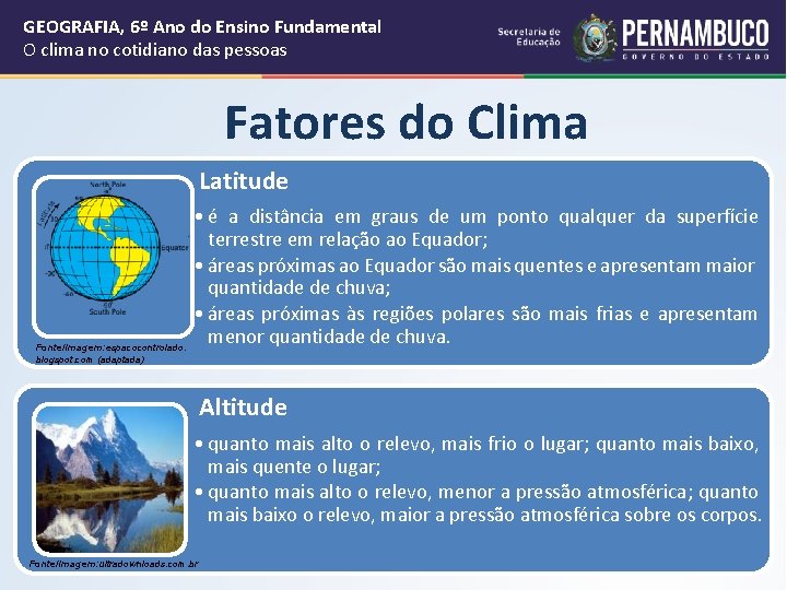 GEOGRAFIA, 6º Ano do Ensino Fundamental O clima no cotidiano das pessoas Fatores do