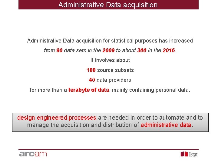 Administrative Data acquisition for statistical purposes has increased from 90 data sets in the