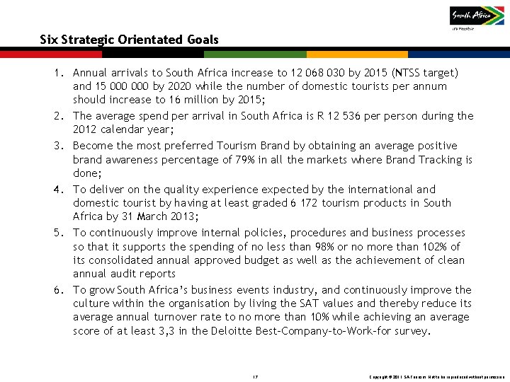 Six Strategic Orientated Goals 1. Annual arrivals to South Africa increase to 12 068 Six Strategic Orientated Goals 1. Annual arrivals to South Africa increase to 12 068