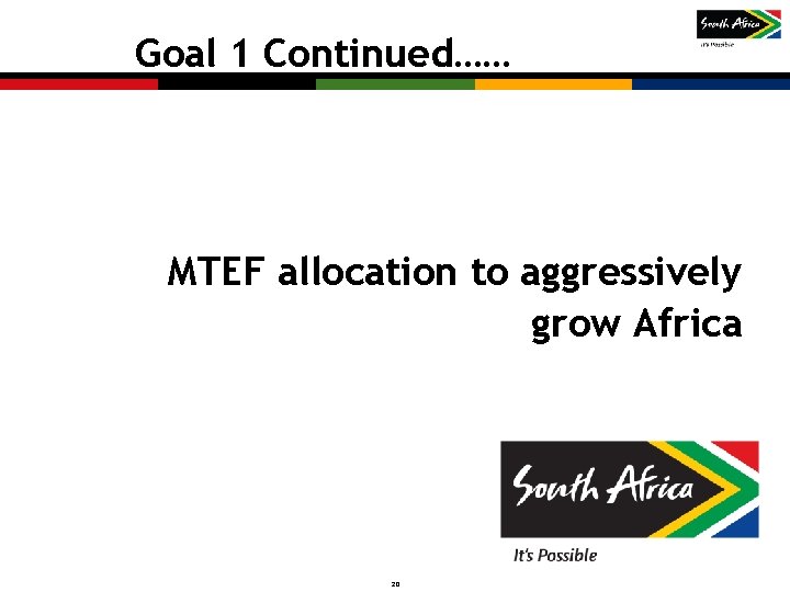 Goal 1 Continued…… MTEF allocation to aggressively grow Africa 20 Copyright © 2011 SA Goal 1 Continued…… MTEF allocation to aggressively grow Africa 20 Copyright © 2011 SA