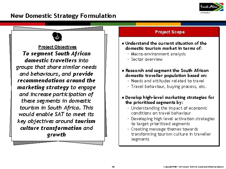New Domestic Strategy Formulation Project Scope Project Objectives To segment South African domestic travellers New Domestic Strategy Formulation Project Scope Project Objectives To segment South African domestic travellers