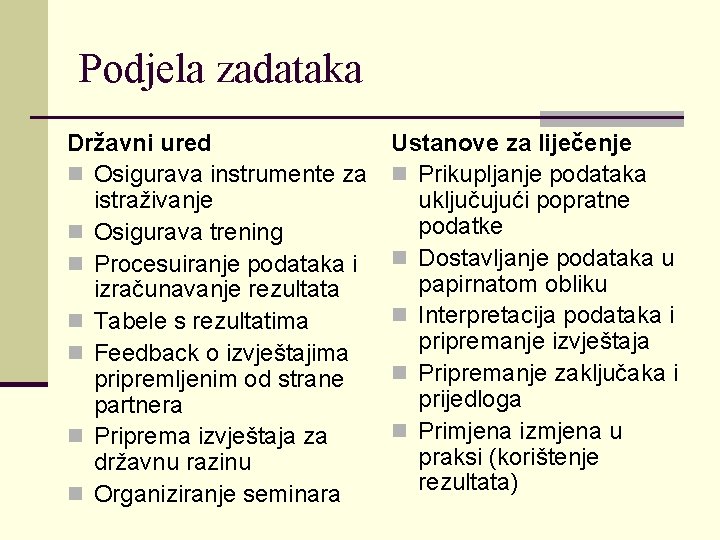 Podjela zadataka Državni ured n Osigurava instrumente za istraživanje n Osigurava trening n Procesuiranje