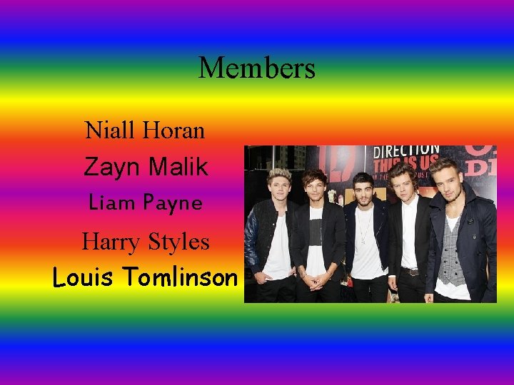 Members Niall Horan Zayn Malik Liam Payne Harry Styles Louis Tomlinson Members Niall Horan Zayn Malik Liam Payne Harry Styles Louis Tomlinson