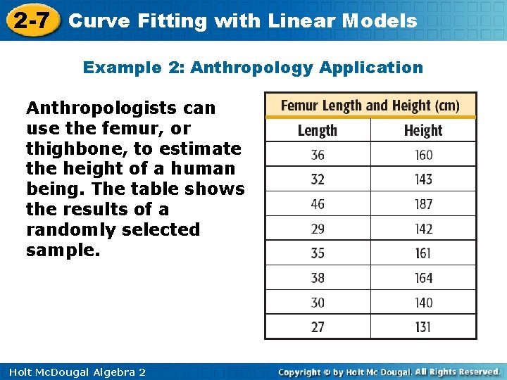 2 -7 Curve Fitting with Linear Models Example 2: Anthropology Application Anthropologists can use