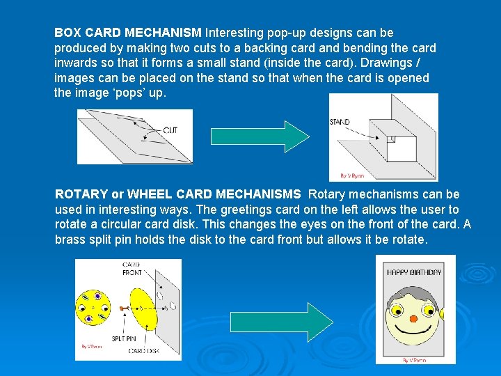 BOX CARD MECHANISM Interesting pop-up designs can be produced by making two cuts to