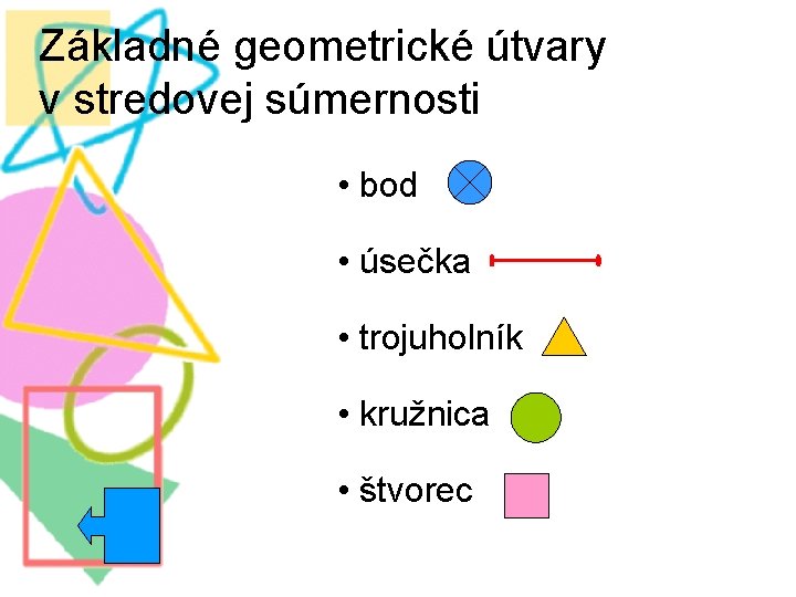 Základné geometrické útvary v stredovej súmernosti • bod • úsečka • trojuholník • kružnica