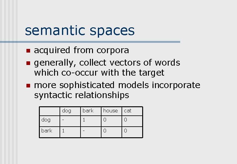 semantic spaces n n n acquired from corpora generally, collect vectors of words which